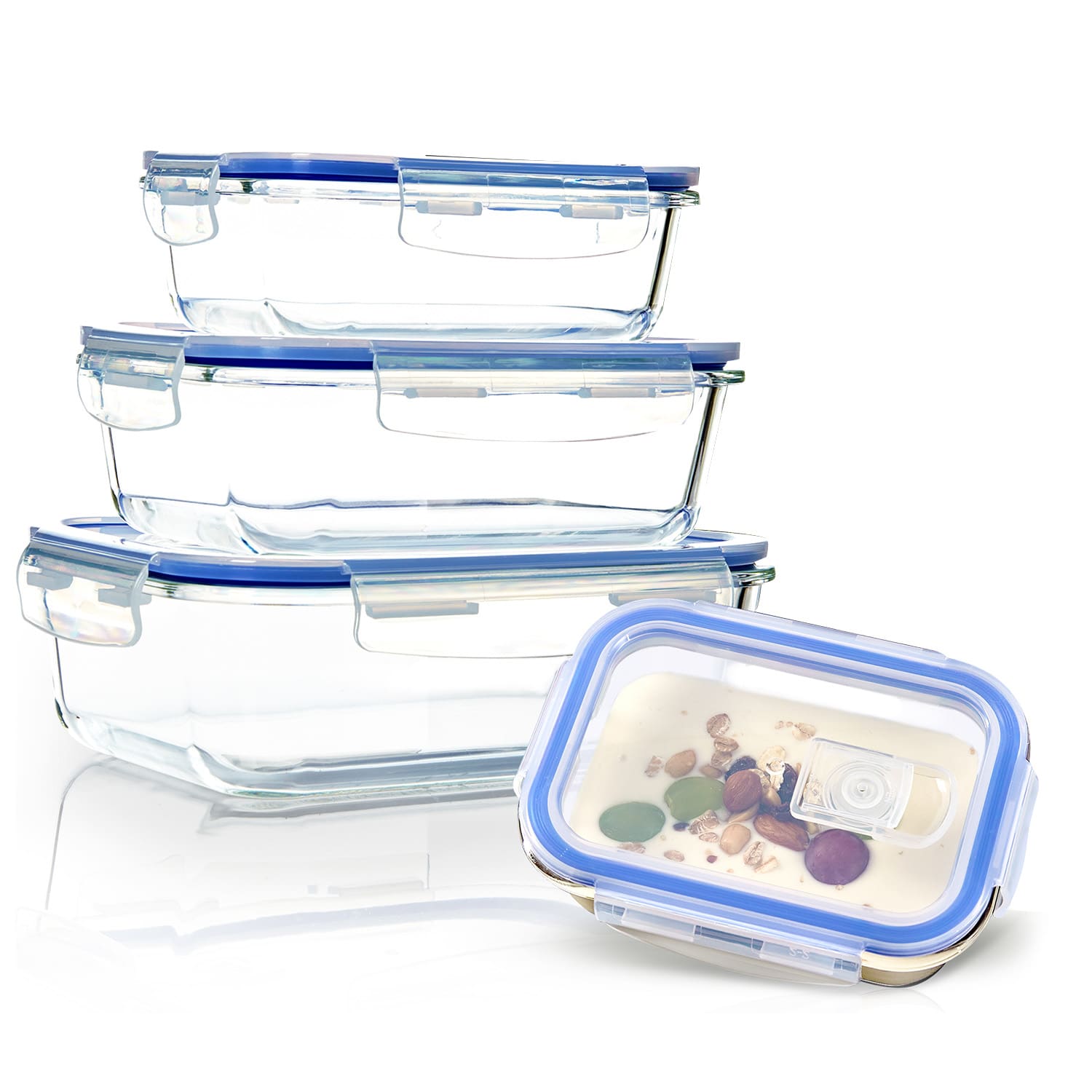 Klarstein Pravokutne staklene posude, 1520 ml, 1040 ml, 640 ml, 370 ml, s poklopcem, set od 4 komada