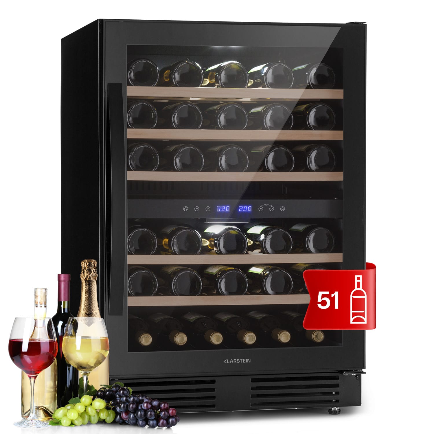 Klarstein Vinovilla 50 Duo, Dvozonski hladnjak za vino, 53l, 17 sp., 3-bojna staklena vrata